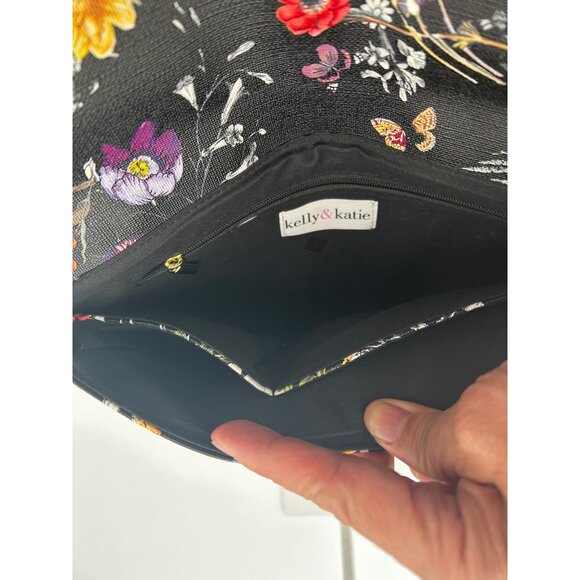 KELLY & KATIE BLACK FLORAL CLUTCH CROSSBODY PURSE W/ GOLD PLATED CHAIN STRAP - Picture 5 of 6